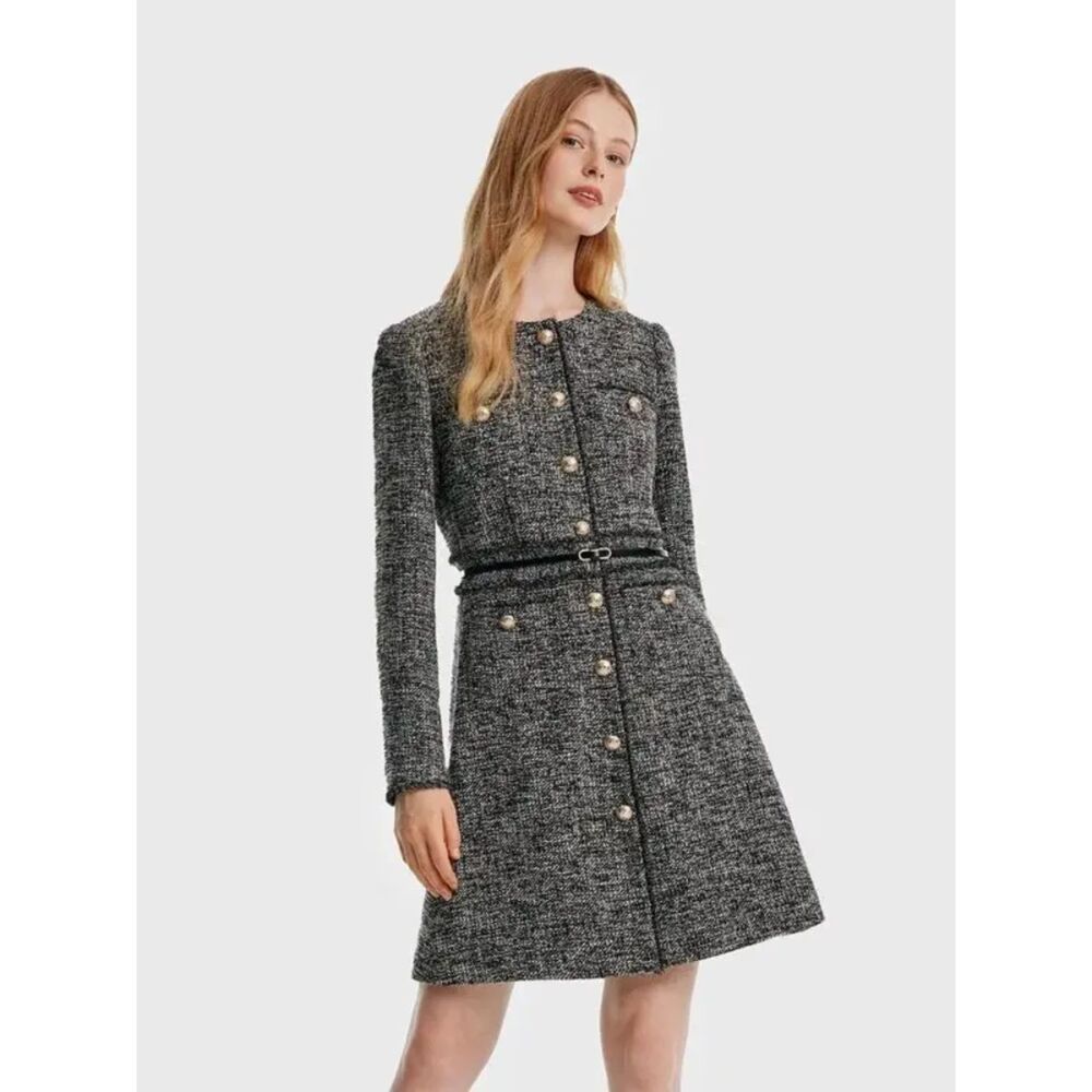 GOELIA Tweed Mini Dress Belt XL US 10 Black White Gold Buttons Wool Mohair NWT